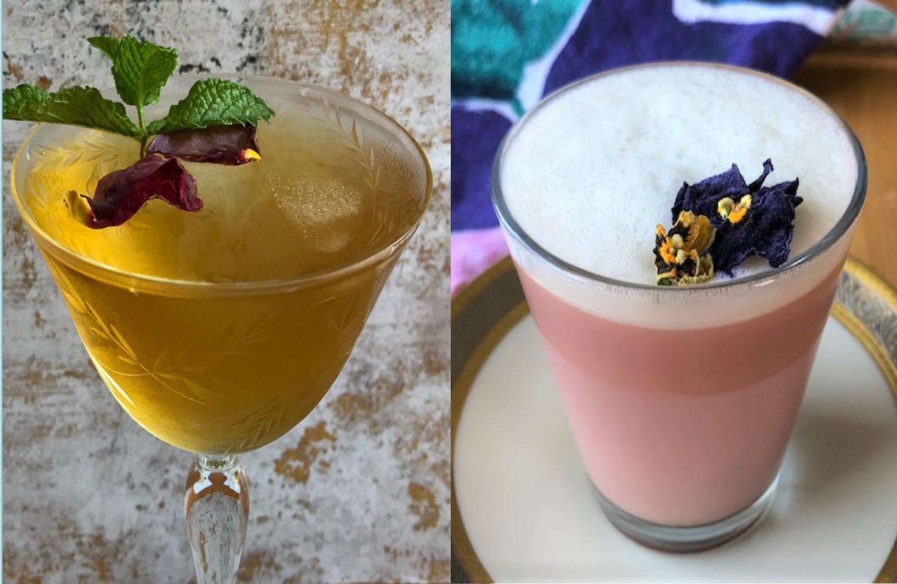 Iced tea in a cocktail glass, garnished with rose petals and mint and a pint latte garnished with edible pansy flowers